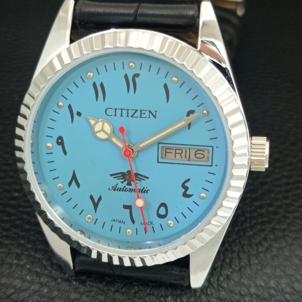 Vintage 1986 Citizen Automatic Mens Silver Watch W/daydate & Blue accents - Picture 3 of 10